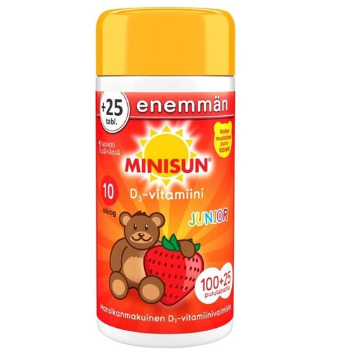 Minisun D3-vitamiini Junior 10 µg Nalle mansikka 100 + 25 purutablettia Kampanjapakkaus