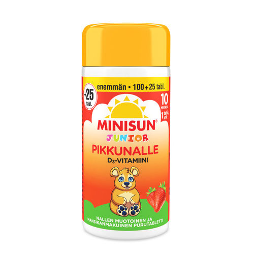 Minisun D3-vitamiini Junior 10 mikrog Nalle mansikka 100 + 25 purutablettia Kampanjapakkaus
