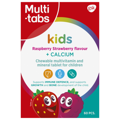 Multi-tabs Kids + Kalsium Vadelma-mansikka 60 purutablettia