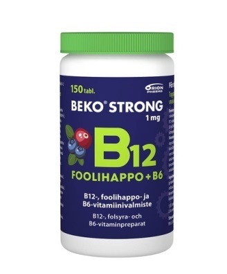Beko Strong B12 + foolihappo + B6 Mustikka-karpalo 150 purutablettia *