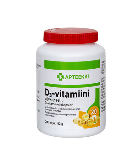 Apteekki D3-vitamiini 20 µg öljykapselit 200 kpl