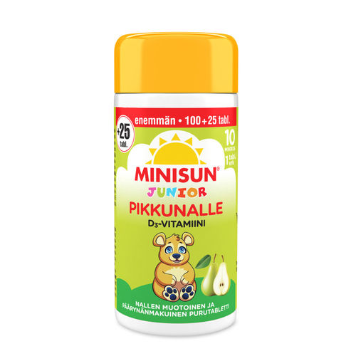 Minisun D3-vitamiini Junior 10 mikrog Nalle päärynä 100 + 25 purutablettia Kampanjapakkaus